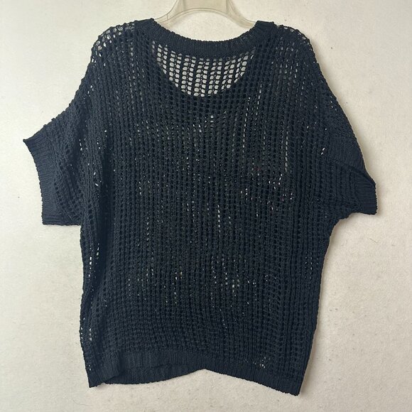 Sweater sz L  open crochet black short sleeve knit flowers boho hippie cottage - Picture 4 of 4